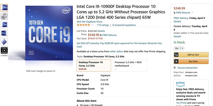 El Intel Core i9-10900F es una buena oferta ahora mismo en amazon.com