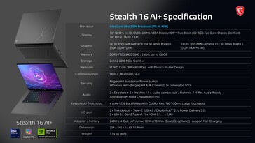 MSI Stealth 16 AI+: Especificaciones. (Fuente de la imagen: MSI)