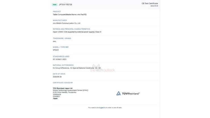 Certificación de TÜV Rheinland Japan para el Vivo Pad FE.