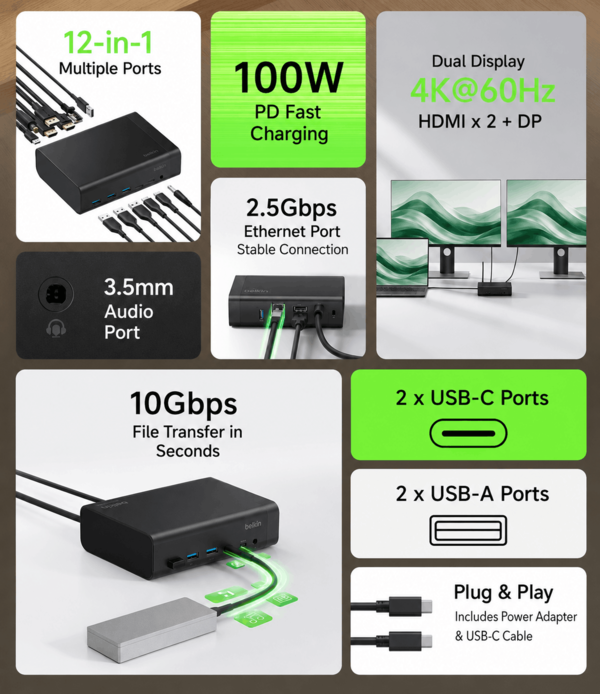 Características destacadas de la base Belkin 12 en 1 (traducción automática)