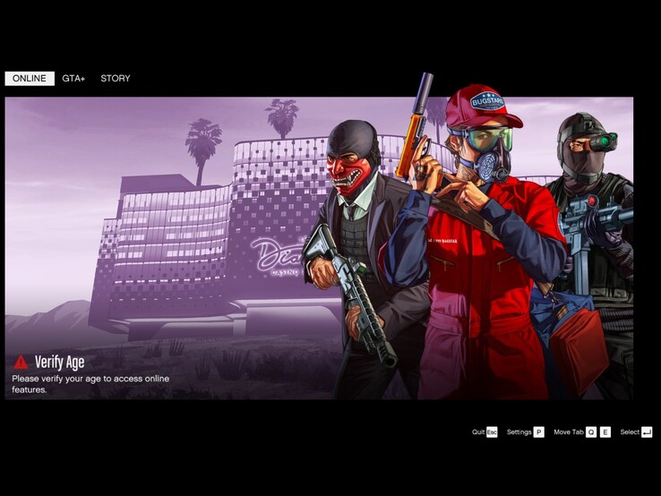 Pantalla de inicio de GTA Online mostrando el aviso de verificación de edad. (Fuente de la imagen: Tez2 en X)