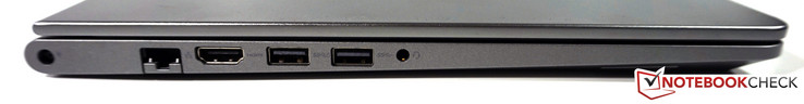 left side: power-in, LAN, HDMI, 1x USB 3.0 with PowerShare, 1x USB 3.0, audio combo