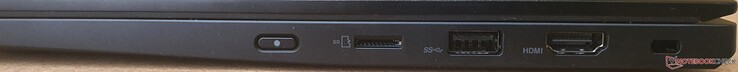 Derecha: botón de encendido, lector de tarjetas microSD, USB-A 3.2 Gen1 (con alimentación), HDMI 2.0, dispositivo de bloqueo de seguridad