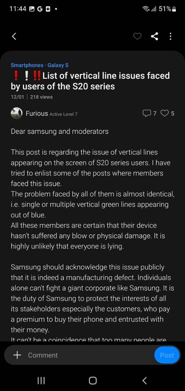 Los usuarios se quejan de los problemas de visualización de Galaxy S20 Plus en Samsung Members (imagen vía propia)