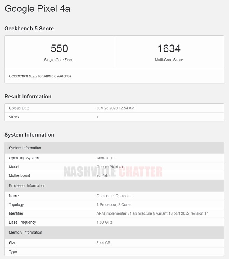 El "Google Pixel 4a" en Geekbench 5. (Fuente: Geekbench vía NashvilleChatter)