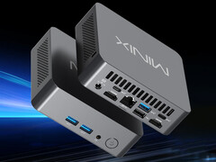 El NUC300 dispone de un puerto de 2,5 GbE. En la imagen: una representación promocional que muestra el diseño y la configuración de los puertos del mini PC.