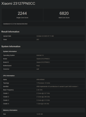 Puntuación en Geekbench del Snapdragon 8 Gen 3 (imagen vía Geekbench)