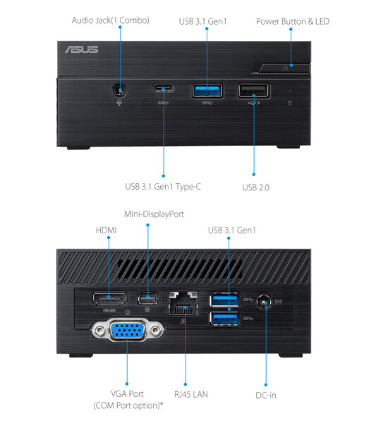 Un vistazo a la parte delantera y trasera del ASUS PN40. (Fuente de la imagen: ASUS)