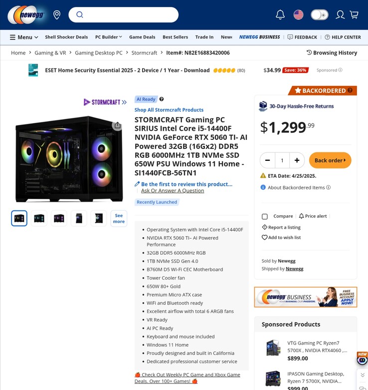 El PC para juegos RTX 5060 más barato costará aparentemente 1.299,99 dólares. (Fuente de la imagen: Newegg)