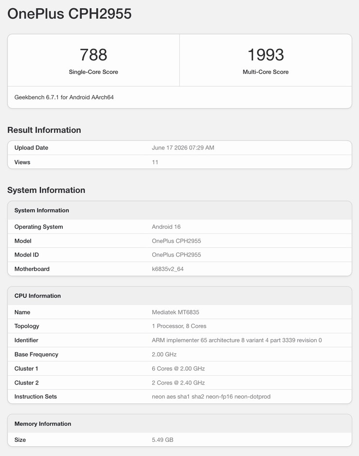 Supuesta entrada en Geekbench del OnePlus N6.