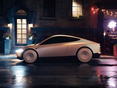 Cabina Tesla aparcada de noche en una calle mojada de la ciudad, con un diseño elegante y futurista y ruedas cubiertas. (Fuente de la imagen: Tesla)