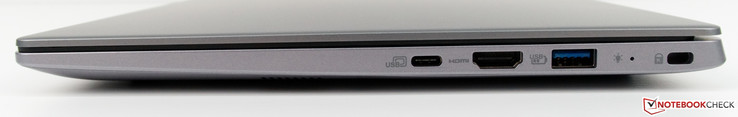 A la derecha: USB Tipo C, HDMI, USB 3.0 Tipo A, ranura de bloqueo de seguridad