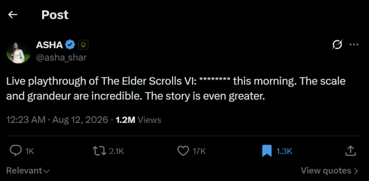 Asha Sharma ha jugado a The Elder Scrolls VI