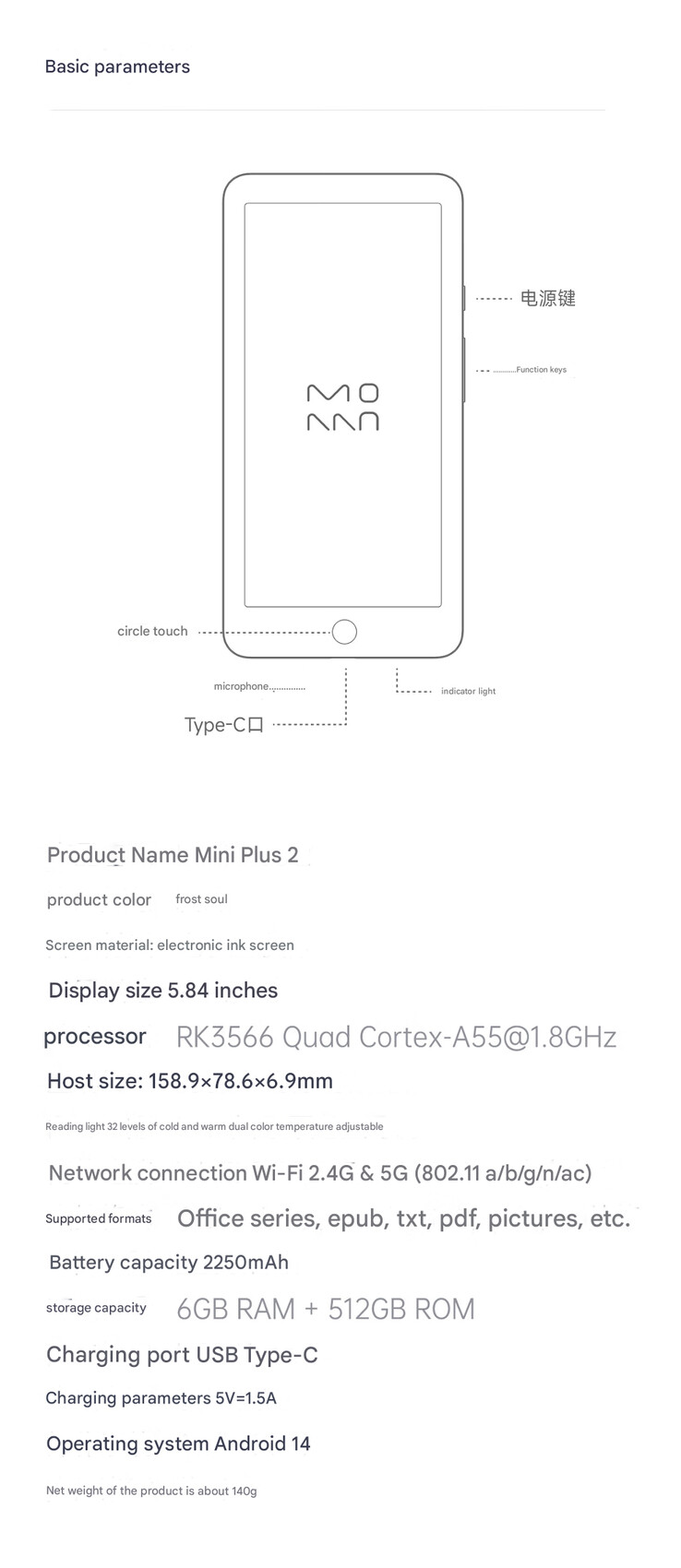 Especificaciones completas del Moaan InkPalm Mini Plus 2 (Fuente de la imagen: Xiaomi - traducción automática)