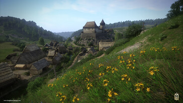Una imagen del juego Kingdom Come: Deliverance mostrando un castillo y un pueblo. (Fuente de la imagen: Steam)