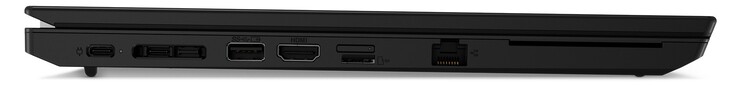 Lado izquierdo:1x USB-C 3.2 Gen 2 (fuente de alimentación), 1x USB-C 3.2 Gen 1, puerto de acoplamiento, USB-A 3.2 Gen 2, HDMI 2.0, ranura nano SIM (superior, opcional), lector de tarjetas microSD (inferior), LAN Gigabit, lector de tarjetas inteligentes (opcional)