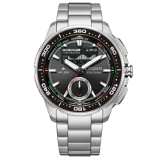 Imagen frontal de producto del Citizen Promaster Wave Tracker JV3001-53E con brazalete de acero inoxidable, bisel negro y esfera híbrida analógica-digital de cronómetro de yate.