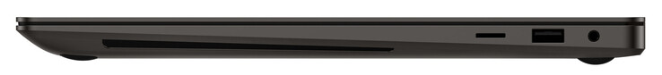 Lado derecho: Lector de tarjetas de memoria (MicroSD), USB 3.2 Gen 1 (USB-A), combo de audio
