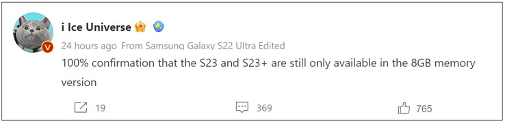Galaxy Confirmación de la RAM del S23. (Fuente de la imagen: Weibo)