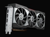 Primer plano de la tarjeta gráfica AMD Radeon RX 6800 XT, con un diseño de refrigeración de triple ventilador y una cubierta plateada con la marca Radeon destacada. (Fuente de la imagen: AMD)