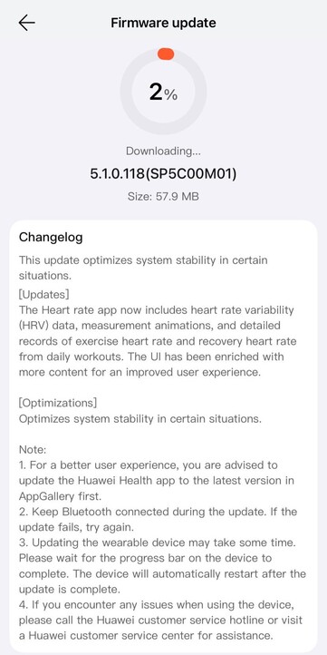 Las notas de la versión de software 5.1.0.118 para el Huawei Watch Fit 4 Pro. (Fuente de la imagen: u/Cakerist vía Reddit)
