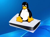 Logotipo de Tux Linux mostrado sobre la consola PS5