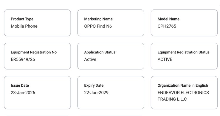 El Oppo Find N6 aparece en TDRA. (Fuente de la imagen: TDRA)