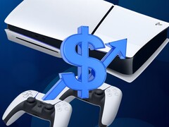 Consola PS5 mostrada con el signo del dólar y la flecha hacia arriba (Fuente de la imagen: Sony PlayStation con ediciones)