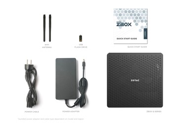El ZBOX QTG7A4500, su caja y sus accesorios de serie. (Fuente: ZOTAC)
