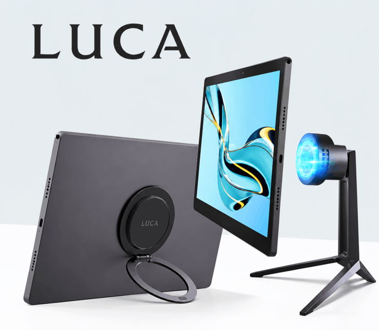La tableta Luca se muestra con su sistema de fijación magnética y su base de carga inalámbrica