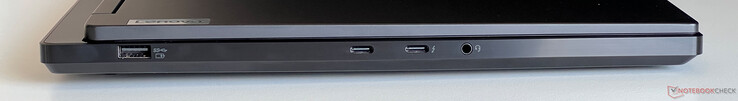 Izquierda: USB-A 3.2 Gen.1 (5 Gbit/s), USB-C 3.2 Gen.2 (10 Gbit/s, DisplayPort modo ALT 1.4, Power Delivery 3.0), USB-C 4.0 con Thunderbolt 4 (40 GBit/s, DisplayPort modo Alt 1.4, Power Delivery 3.0), toma de audio de 3,5 mm