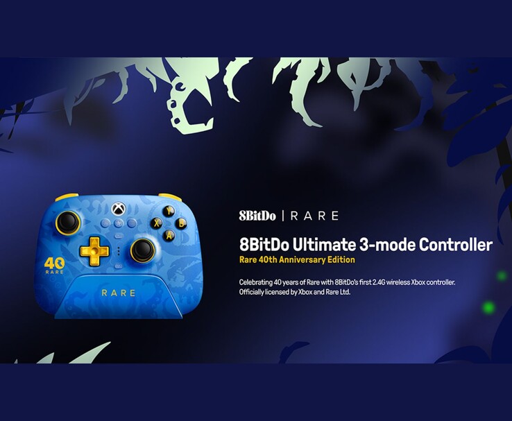 Promoción oficial del 8BitDo Ultimate 3-mode Controller Rare 40th Anniversary Edition, que muestra el diseño y la marca del mando. (Fuente de la imagen: Póster promocional oficial de 8BitDo)