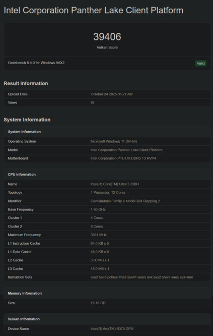 Listado de Intel Core Ultra 5 328H en Geekbench (fuente de la imagen: Geekbench)