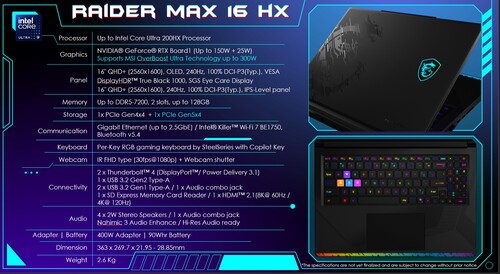 Se muestran las especificaciones del MSI Raider 16 Max HX (Fuente de la imagen: MSI PR)