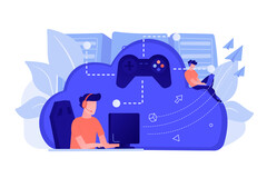Ilustración de juego en la nube con múltiples usuarios conectados a través de una infraestructura central (Fuente de la imagen: vectorjuice vía Freepik)