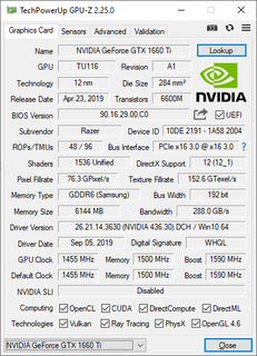 GeForce GTX 1660 Ti GPU-Z extraída del modelo base del Razer Blade 15