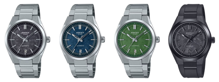De izquierda a derecha: los relojes Casio EFK-100CD-1A, EFK-100D-2A, EFK-100D-3A y EFK-100XPB-1A. (Fuente de la imagen: Casio, editado)