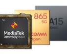 La ARM Mali-G710 MP10 del Dimensity 9000 supera a las GPU del SD865 y del Apple A15. (Fuente de la imagen: MediaTek/Qualcomm/Apple - editado)