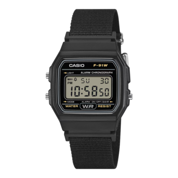 Reloj digital Casio F-91WF-1A con caja negra y correa de tejido negro.
