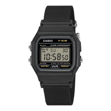 Casio F-91WF-1A con correa de tela negra.