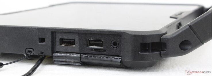 Derecha: Lápiz óptico pasivo, cerradura Noble, 2x USB-A 3.2 Gen. 1, lector MicroSD, auriculares de 3,5 mm