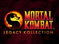 Mortal Kombat: Legacy Kollection con el icónico emblema del dragón y texto en degradado rojo y amarillo sobre un fondo craquelado oscuro (Fuente de la imagen: Warner Bros. Games / NetherRealm Studios)
