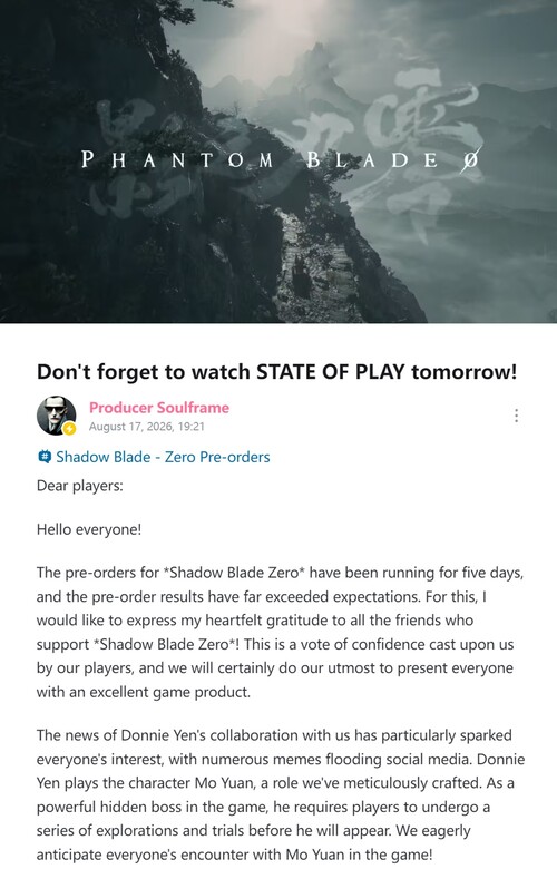 Liang Qiwei, de S-Game, ofrece información actualizada sobre las reservas de «Phantom Blade Zero»