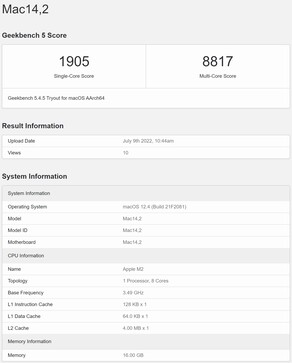 Entrada representativa del MacBook Air M2. (Fuente de la imagen: Geekbench)