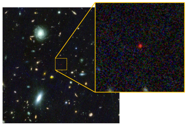 La «estrella del agujero negro» aparece como un diminuto punto rojo en esta imagen del Telescopio Espacial James Webb.