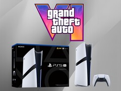 Consola PS5 Pro mostrada debajo del logotipo de GTA 6 (Fuente de la imagen: Sony PlayStation, Rockstar Games con ediciones)
