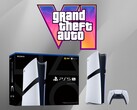 Consola PS5 Pro mostrada debajo del logotipo de GTA 6 (Fuente de la imagen: Sony PlayStation, Rockstar Games con ediciones)