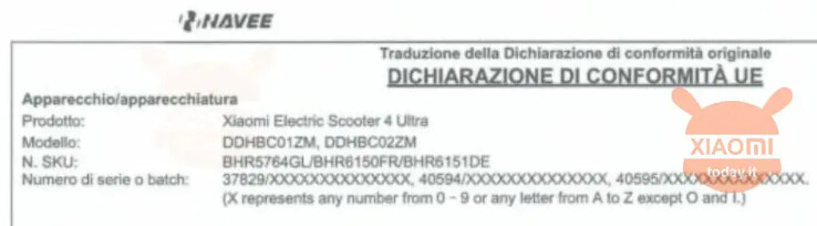 Declaración de conformidad del Xiaomi Electric Scooter 4 Ultra en Italia. (Fuente de la imagen: XiaomiToday.it)