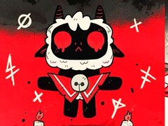 El Cordero, también llamado Lambert por los fans, de Cult of the Lamb flotando sobre un fondo rojo y negro con ojos rojos, pequeños cuernos y símbolos rituales a su alrededor. (Fuente de la imagen: estudio de desarrollo de juegos Massive Monster)