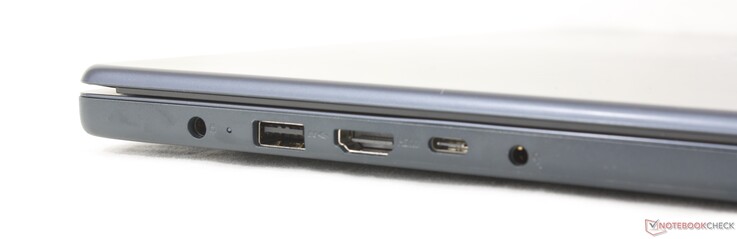 A la izquierda: adaptador de corriente, USB-A (5 Gbps), HDMI 1.4, USB-C (5 Gbps) con Power Delivery 3.0 + DisplayPort 1.2, toma de auriculares de 3,5 mm